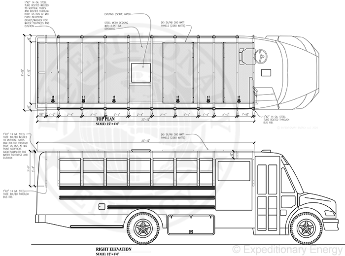 Top and side elevations of a bus with solar panel roof retrofit install.